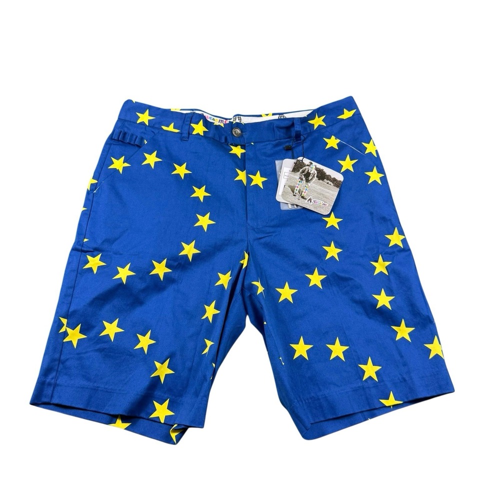 Royal & Awesome Blue Gold Star AOP Cotton Men’s Golf Shorts Size 36 NWT